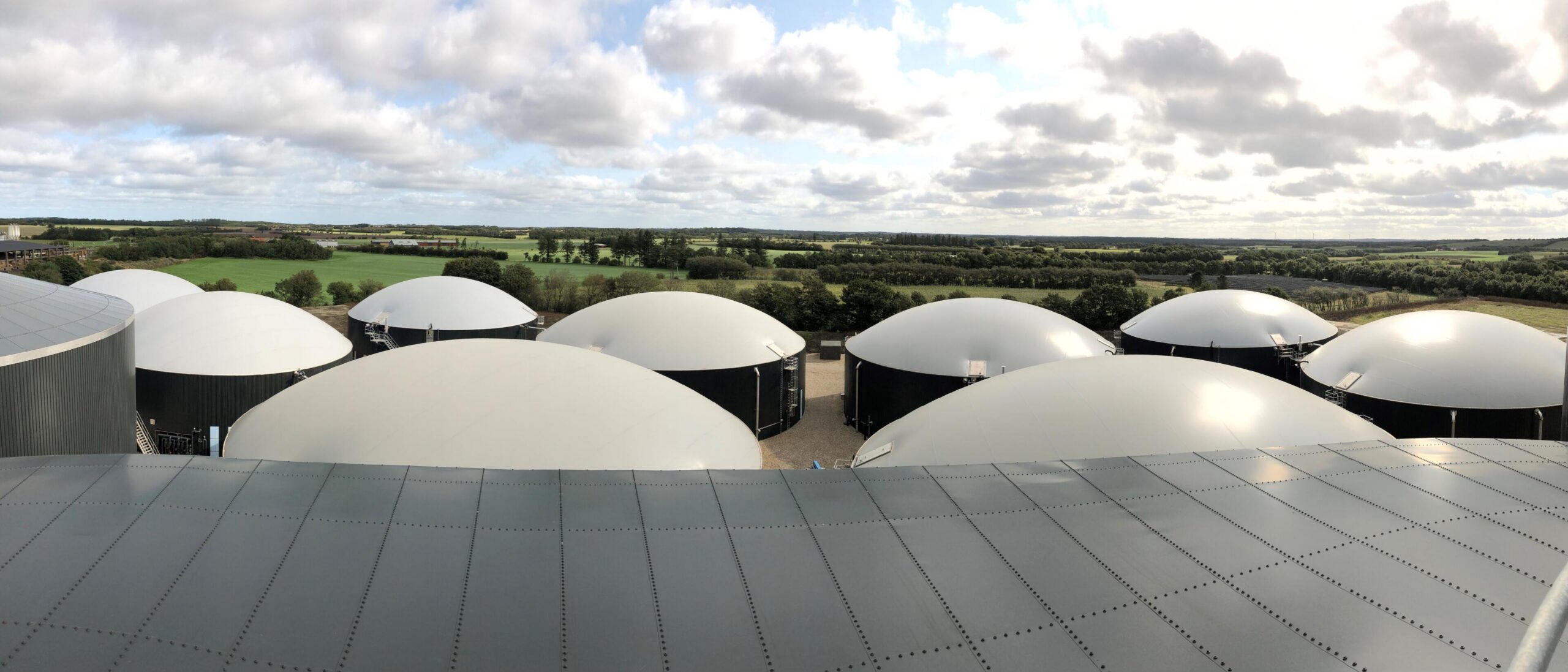 Panoramablick auf zahlreiche weiße Biogasspeicherkuppeln einer großen Biogasanlage